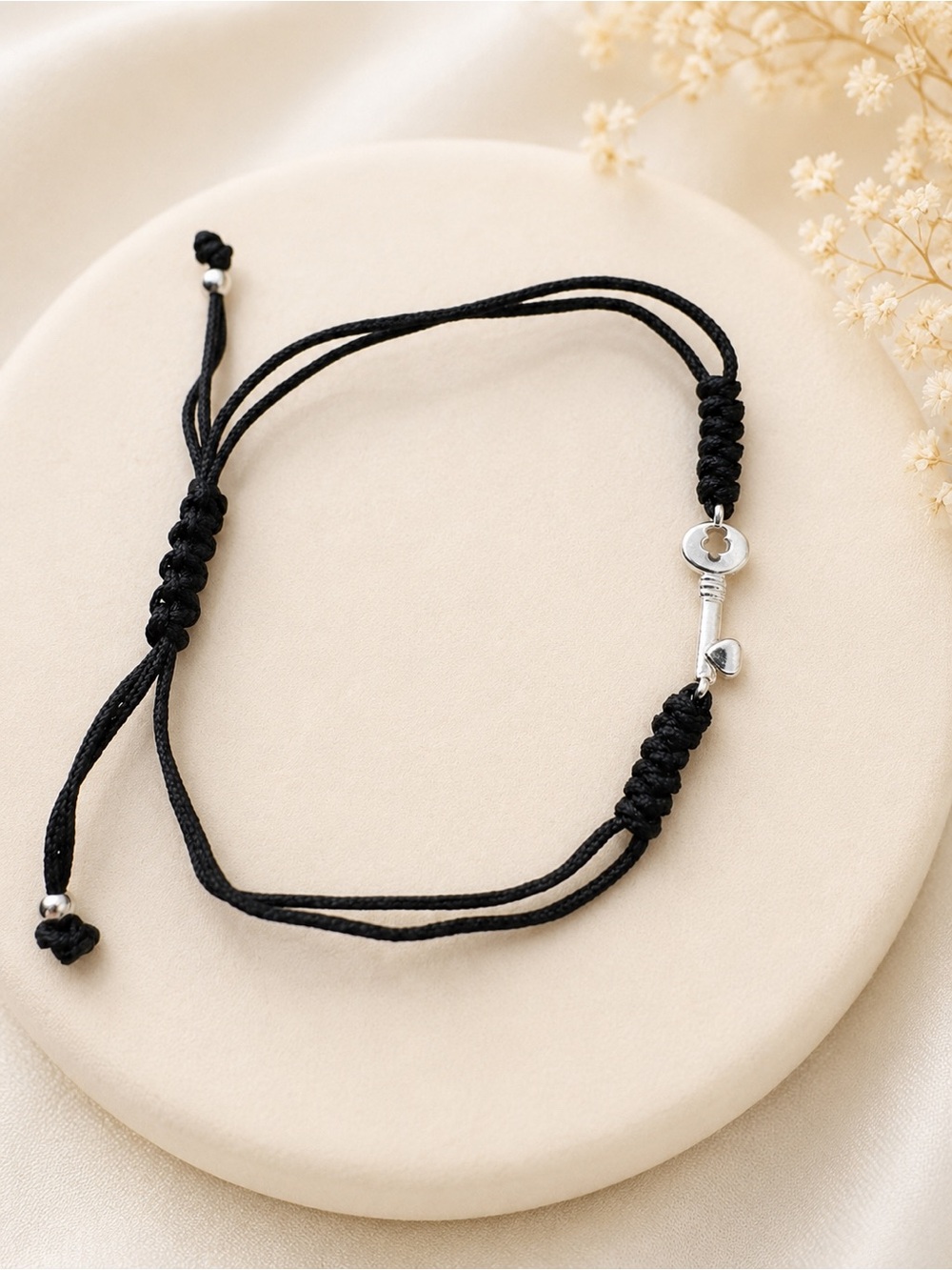 Black Cord Bracelet with Silver Key Charm 925